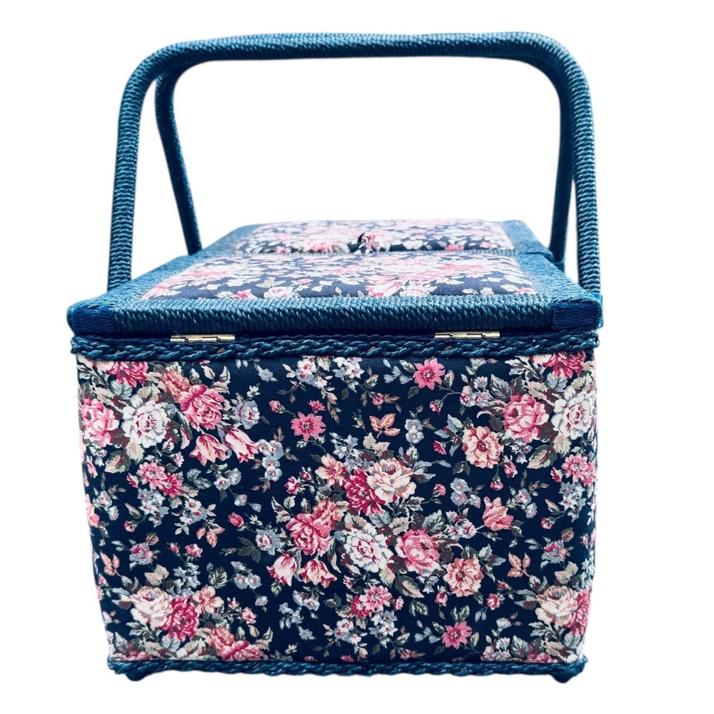 Vintage AZAR Floral Sewing Basket LARGE Tapestry Craft Storage Box Handles